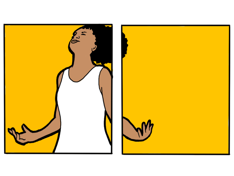 An illustration of a woman holding her hands open and looking to the sky on a yellow background.