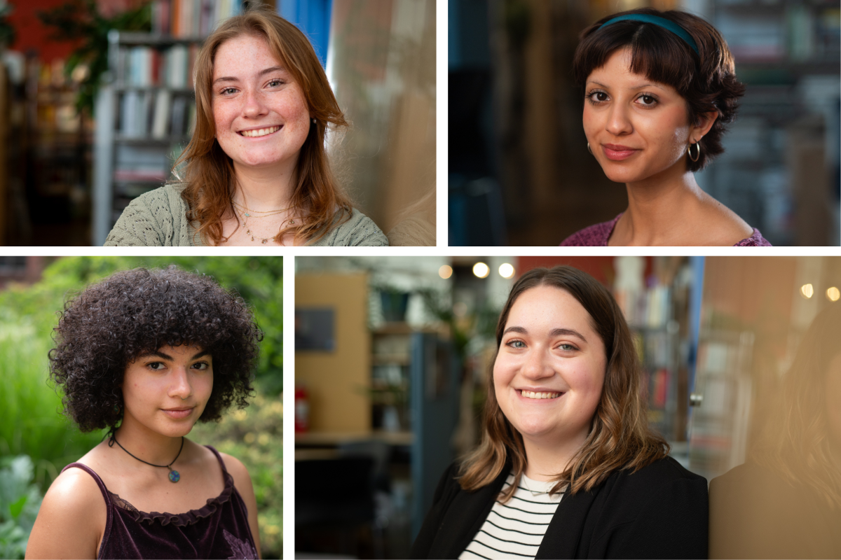 PublicSource's fall 2023 interns, clockwise from top left: Alina McMahon, Tanya Babbar, Erin Yudt and Amaya Lobato. (Photos by Stephanie Strasburg/PublicSource)