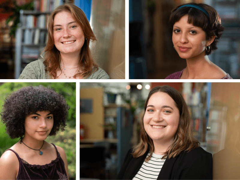 PublicSource's fall 2023 interns, clockwise from top left: Alina McMahon, Tanya Babbar, Erin Yudt and Amaya Lobato. (Photos by Stephanie Strasburg/PublicSource)