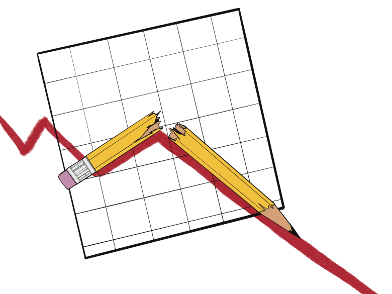 illustration of pencil facing downward and red slop line on graph paper