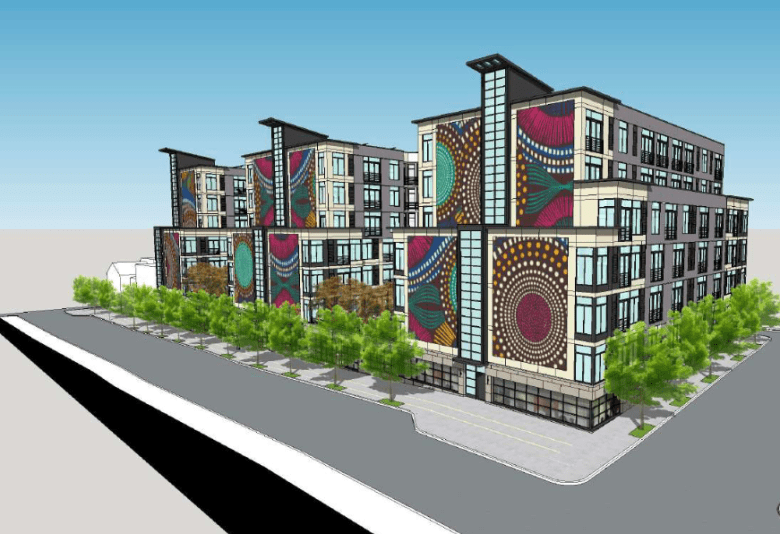 An artist's rendering of an apartment building with colorful murals.