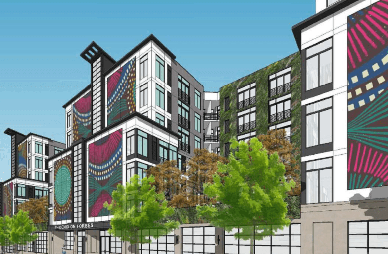 An artist's rendering of an apartment building.