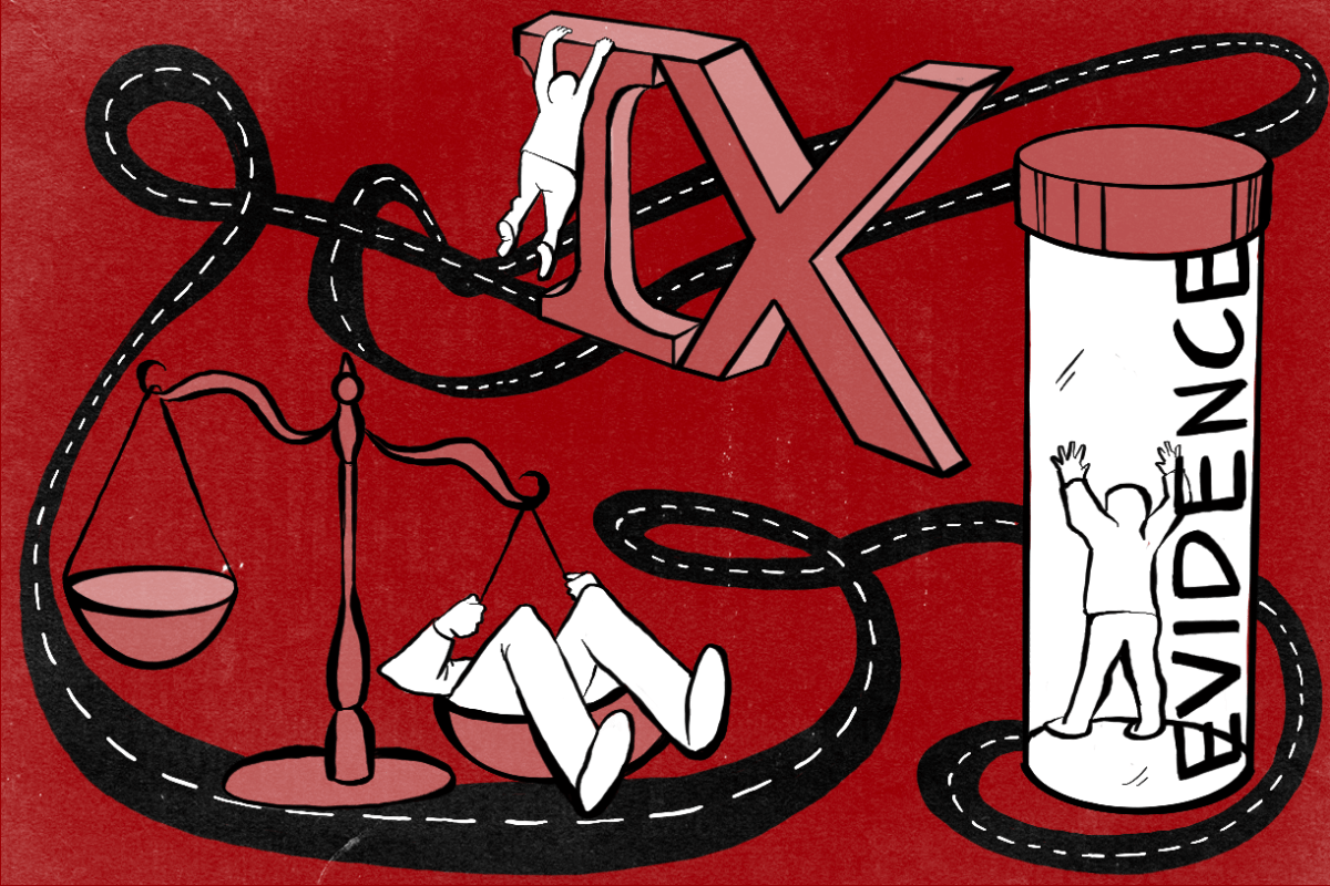 illustration of title ix roman numeral, an evidence bottle with a tiny person stuck in it, scales with a person's legs sticking out, a winding road