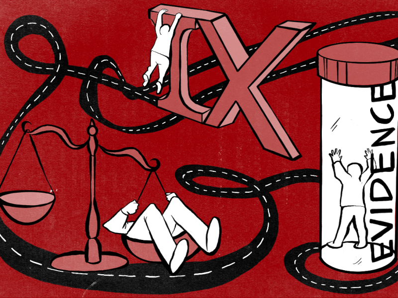 illustration of title ix roman numeral, an evidence bottle with a tiny person stuck in it, scales with a person's legs sticking out, a winding road