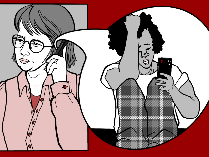 An illustration depicting an upset college student calling their parent.