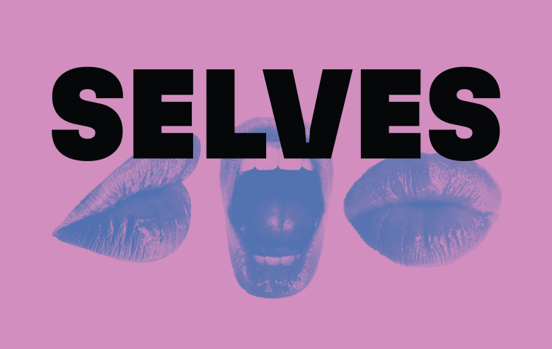 selves logo with the word selves in black letters and three sets of blue lips in different facial expressions, pursed lips, open mouth screaming lips and closed pursed lips again