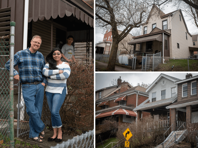 Kendall Pelling, left, Rising Tide Partners’s executive director, and Dee Levy, one of the organization’s Section 8 clients, stand outside of Ms. Levy’s Hazelwood home on Saturday, April 1, 2023. Rising Tide, a non-profit assisting people in low-income housing, is trying to work with the Housing Authority of the City of Pittsburgh to secure back payments on Section 8 vouchers for their clients like Levy. (Photo by Stephanie Strasburg/PublicSource)