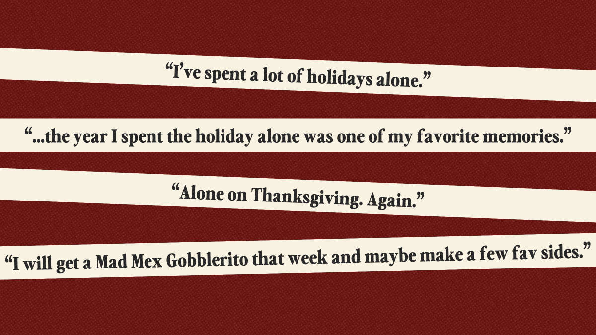 graphic card with quotes from the story about people spending thanksgiving alone. maroon background.