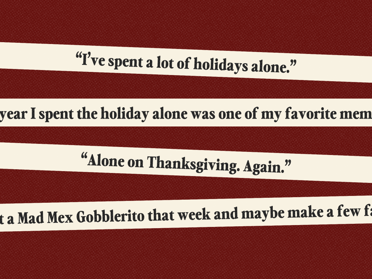 graphic card with quotes from the story about people spending thanksgiving alone. maroon background.